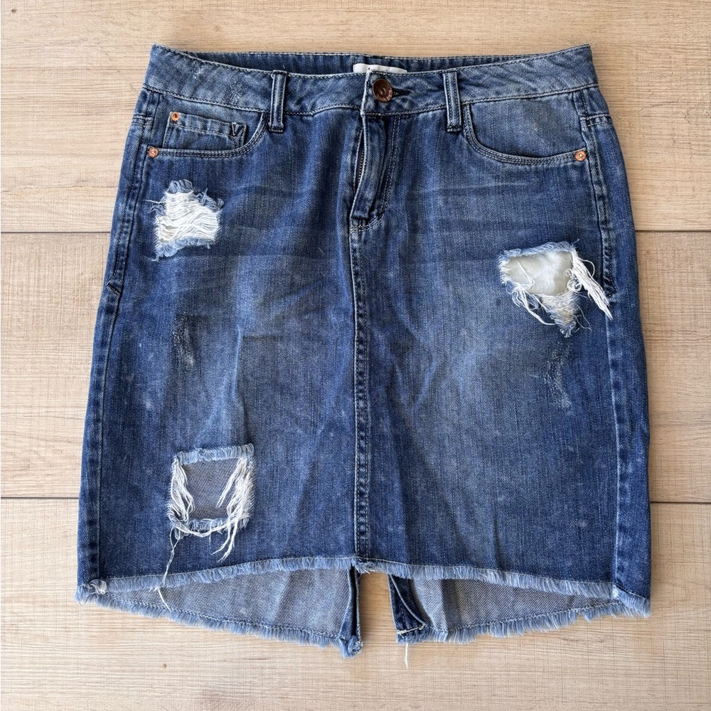 Kensie Denim Mini Skirt Women's Blue Distressed Frayed Raw Hem Y2K Chic | 28 |